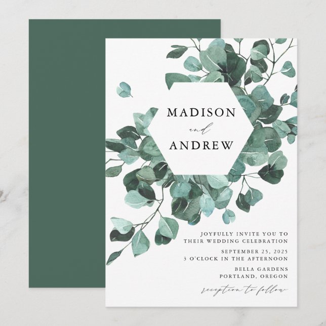 Invitation Mariage à l'aquarelle moderne d'eucalyptus verdoya (Devant / Derrière)