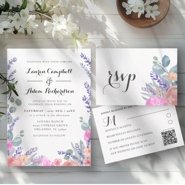 Invitation Mariage à l'aquarelle moderne Eucalyptus & Lavande (Créateur téléchargé)
