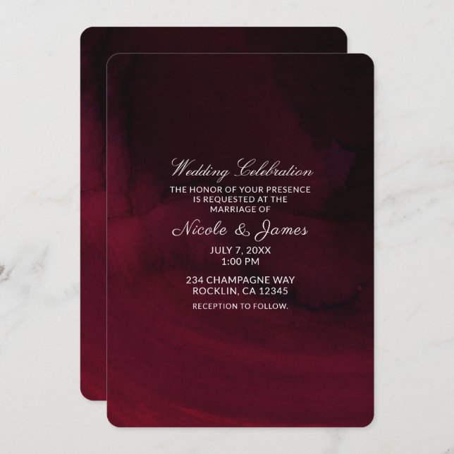 Invitation Mariage à l'aquarelle moderne marron bordeaux (Devant / Derrière)