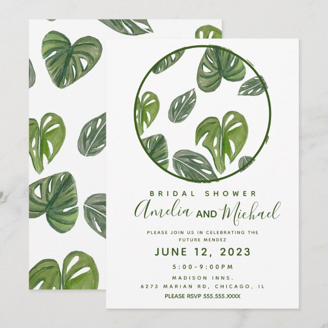 Invitation Mariage à l'aquarelle Monstera et feuille Adansoni (Devant / Derrière)
