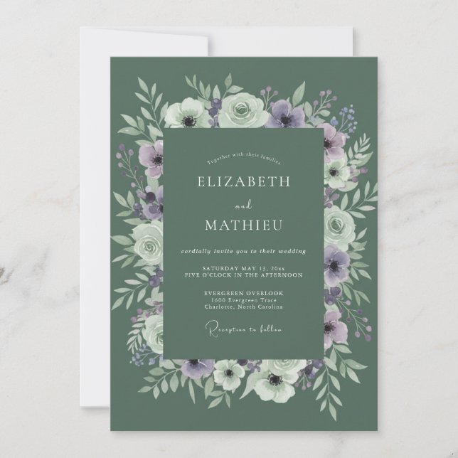 Invitation Mariage à l'aquarelle olive lavande (Devant)