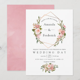 Invitation Mariage à l'aquarelle or géométrique roses roses b