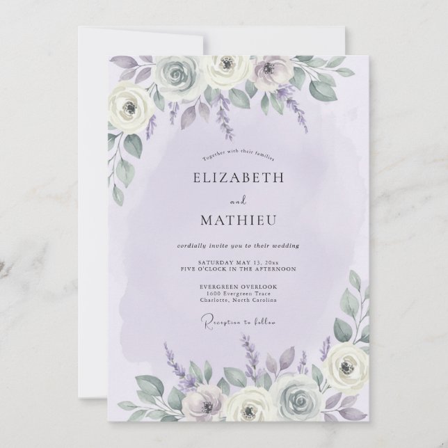 Invitation Mariage à l'aquarelle poétique lavande (Devant)