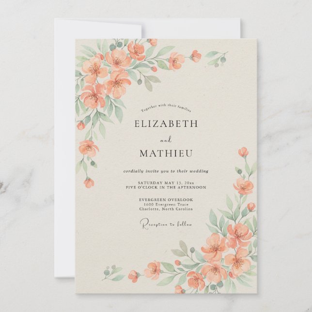 Invitation Mariage à l'aquarelle raffinée pêche (Devant)