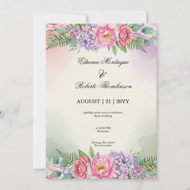 Invitation Mariage à l'aquarelle Rose Pivoine Hydrangea Viole (Devant)