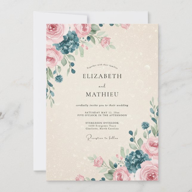 Invitation Mariage à l'aquarelle rose tendre et sarcelle (Devant)