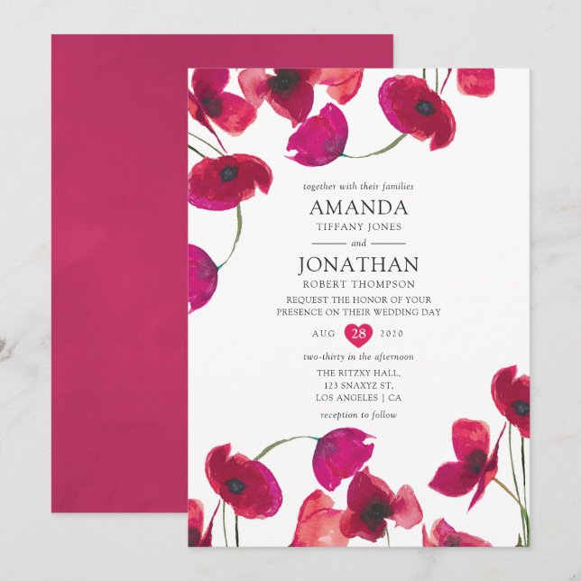 Invitation Mariage à l'aquarelle rouge au coquelicot (Devant / Derrière)