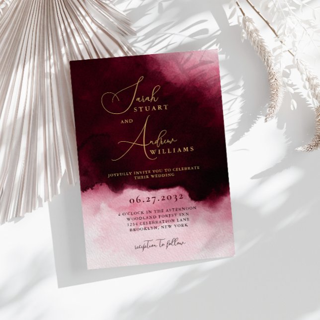 Invitation Mariage à l'aquarelle rouge vin or script humeur (Créateur téléchargé)
