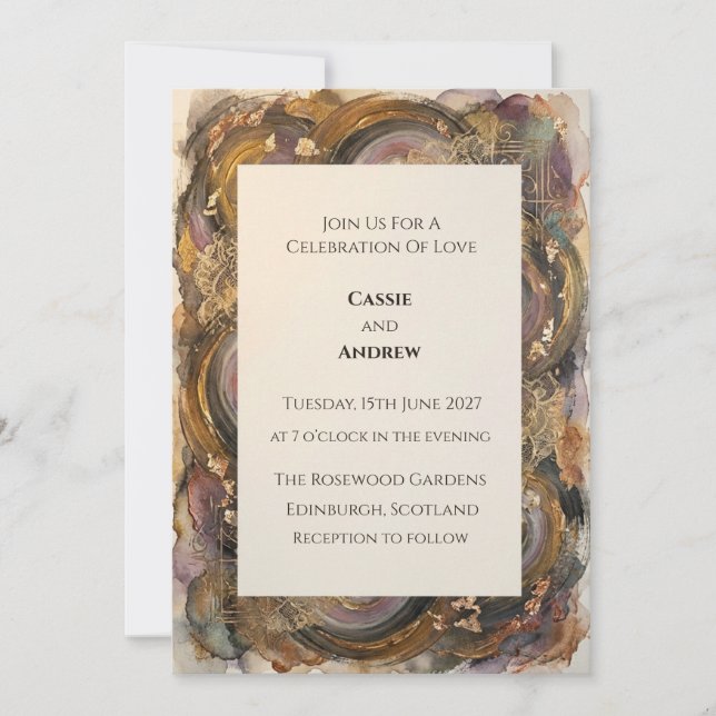 Invitation Mariage à l'aquarelle Rustique Agate Géode Or (Devant)