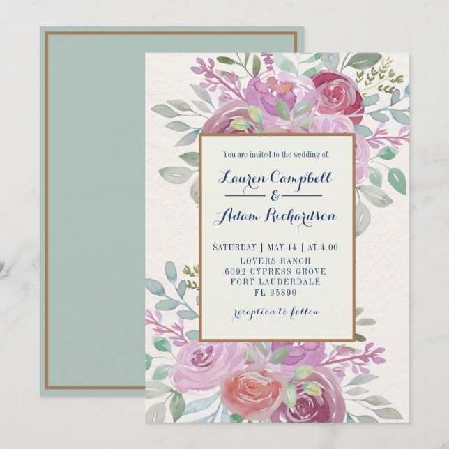 Invitation Mariage à l'aquarelle rustique rose burgundy et ro (Devant / Derrière)