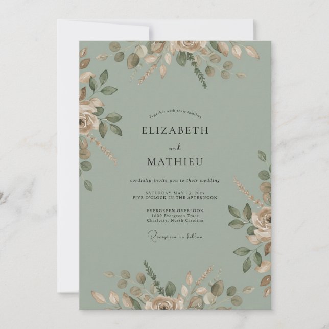 Invitation Mariage à l'aquarelle Sage Olive (Devant)