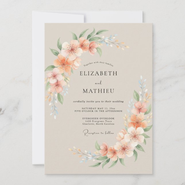 Invitation Mariage à l'aquarelle Sérénité pêche (Devant)