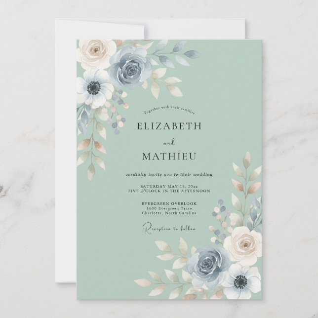 Invitation Mariage à l'aquarelle sérénité vert sauge (Devant)