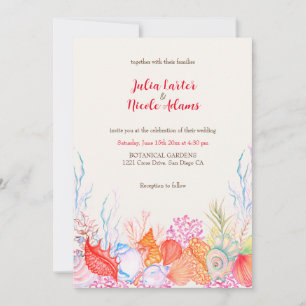 Invitation Mariage à l'aquarelle sur la vie marine de la plag