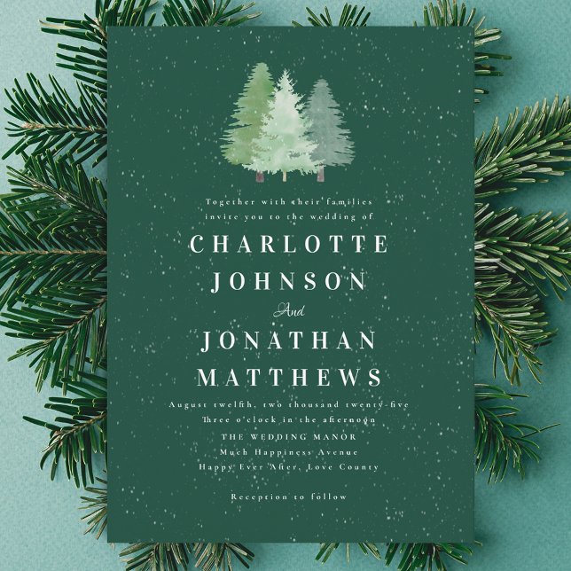 Invitation Mariage à l'aquarelle sur le thème de la forêt enn (Elegant modern Watercolor winter snow Woodland wedding invitation)