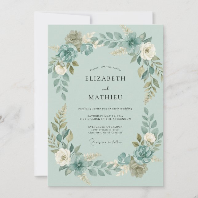 Invitation Mariage à l'aquarelle turquoise écume de mer (Devant)