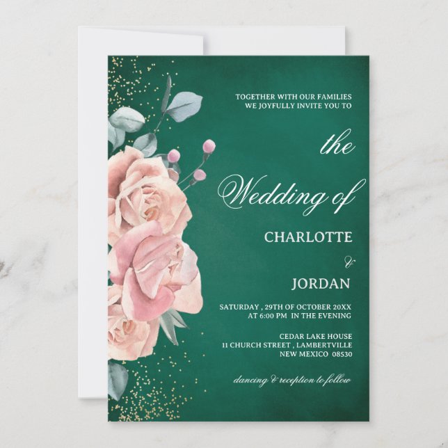 Invitation Mariage à l'aquarelle vert émeraude et rose blush  (Devant)