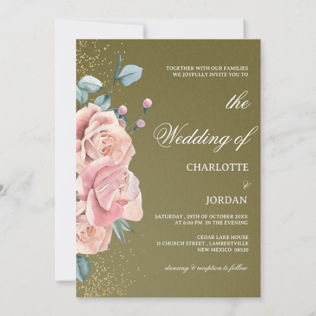 Invitation Mariage à l'aquarelle vert olive et rose blush (Devant)