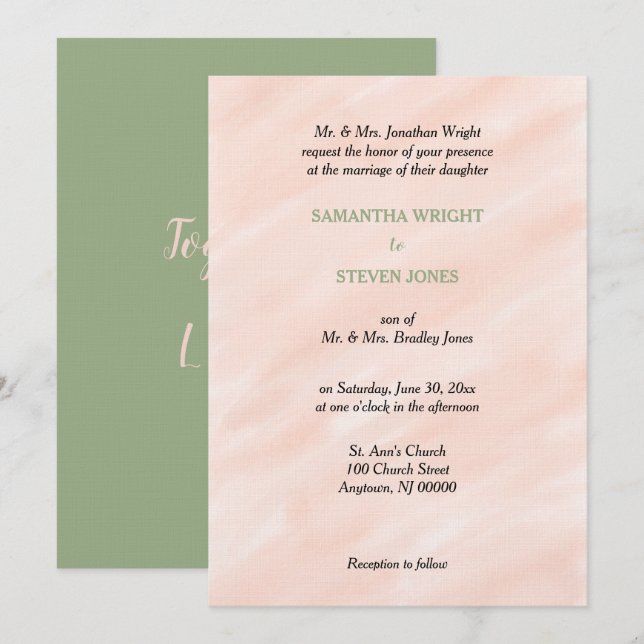 Invitation Mariage à l'aquarelle Vert Sauge Blush (Devant / Derrière)