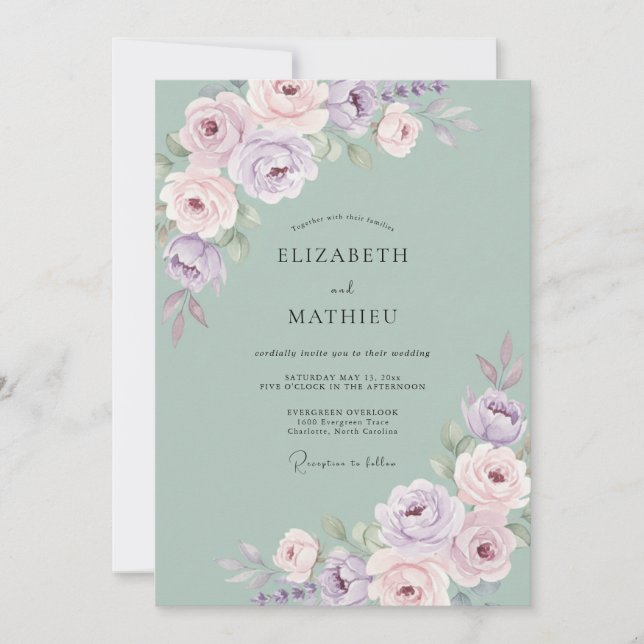 Invitation Mariage à l'aquarelle vert sauge de rêve (Devant)