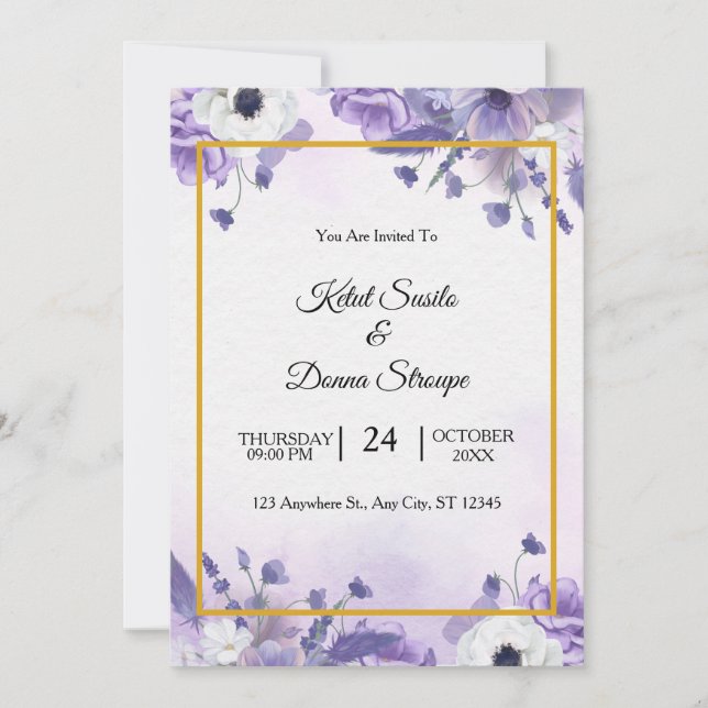 Invitation Mariage à l'aquarelle violet élégant (Devant)