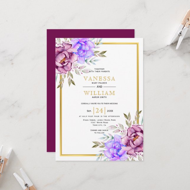 Invitation Mariage à l'aquarelle violet fleurs or cadre (Devant/Arrière en situation)