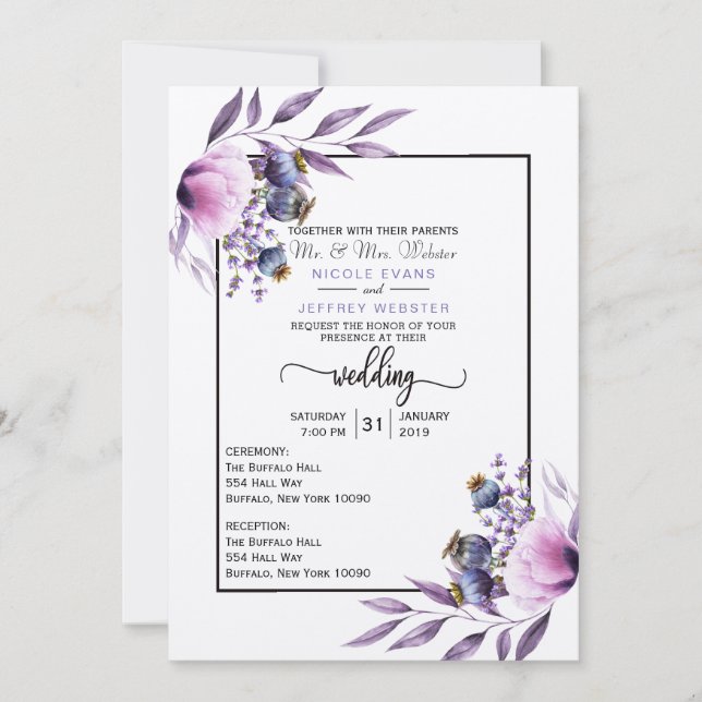 Invitation Mariage à l'aquarelle violet Lavender Poppy (Devant)