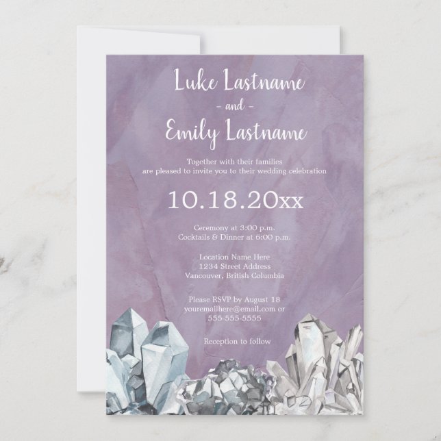 Invitation Mariage à l'aquarelle violette de géode et pierres (Devant)