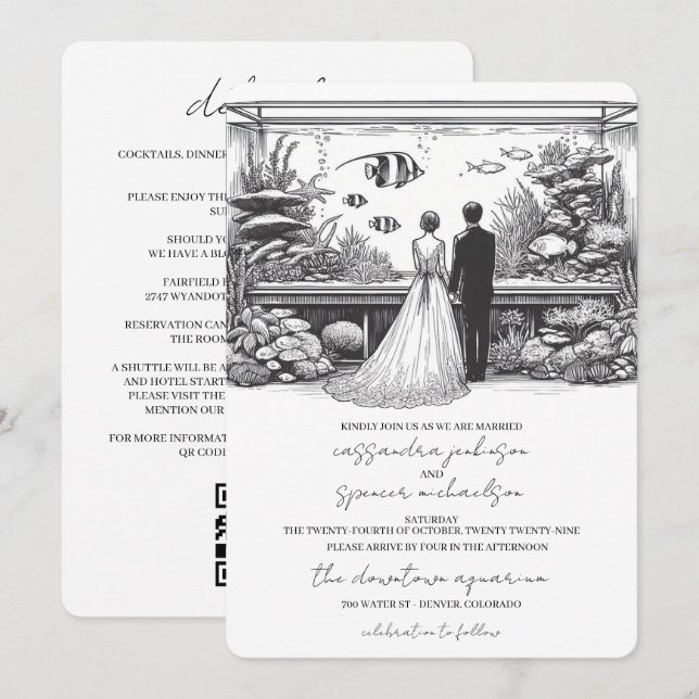 Invitation Mariage à l'Aquarium avec Détails et QR (Devant / Derrière)