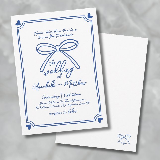 Invitation Mariage à l'arc bleu dessiné à la main de façon fa (Blue White Hand Drawn Whimsical Bow Wedding Invitation)