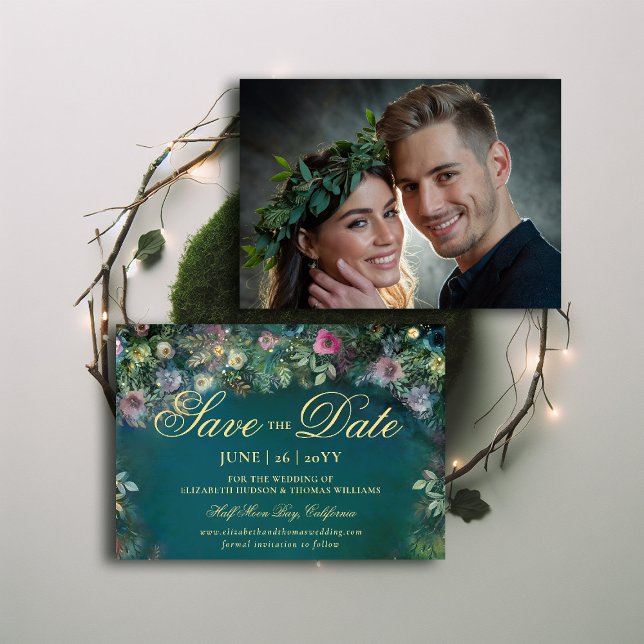Invitation Mariage à l'arc des Roses forestiers enchantés Enr (enchanted forest photo wedding save the date magic fairy tale woodland roses gold emerald green )