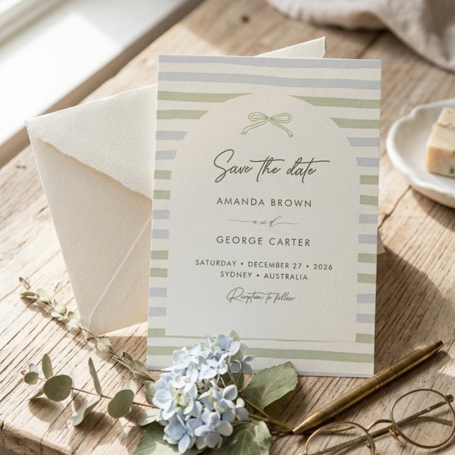 Invitation Mariage à l'arc en ruban rayé vert sauge (Créateur téléchargé)