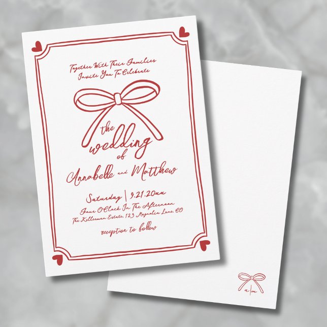 Invitation Mariage à l'Arc Rouge Fantaisiste Dessiné à la Mai (Hand Drawn Whimsical Red Bow Wedding Invitation )