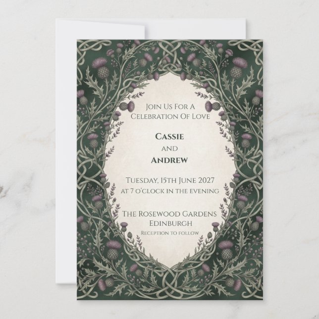 Invitation Mariage à l'arche celtique Chardon vert foncé (Devant)