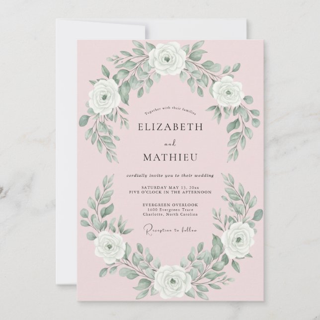 Invitation Mariage à l'arche de feuilles blanches rosées (Devant)