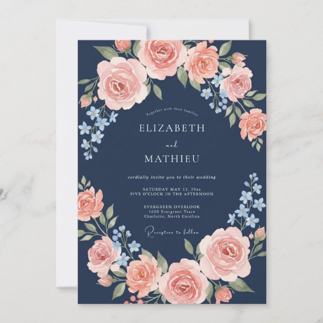 Invitation Mariage à l'arche de fleurs de pêcher de la marine (Devant)