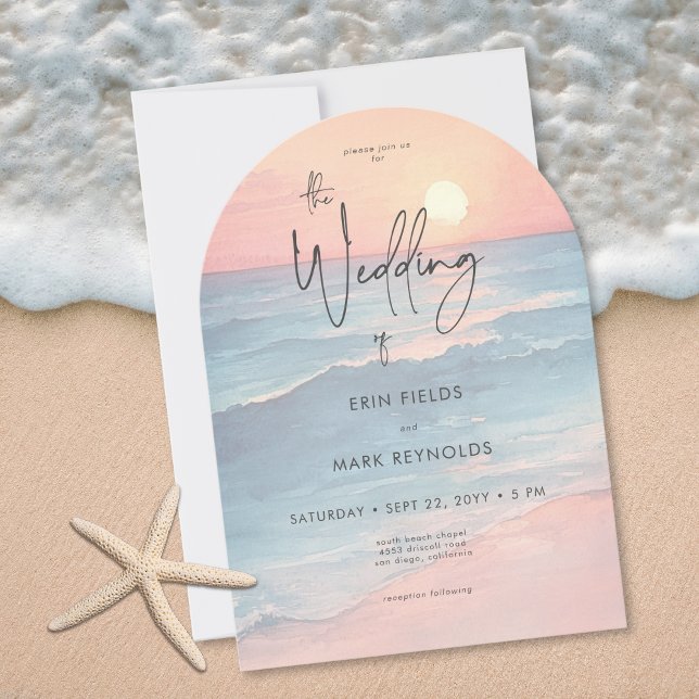 Invitation Mariage à l'arche de plage à l'aquarelle du couche (Modern Ocean Sunset Watercolor Beach Arch Wedding Invitation)