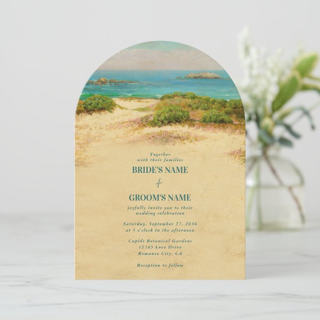 Invitation Mariage à l'arche de plage côtière à l'aquarelle (Debout devant)