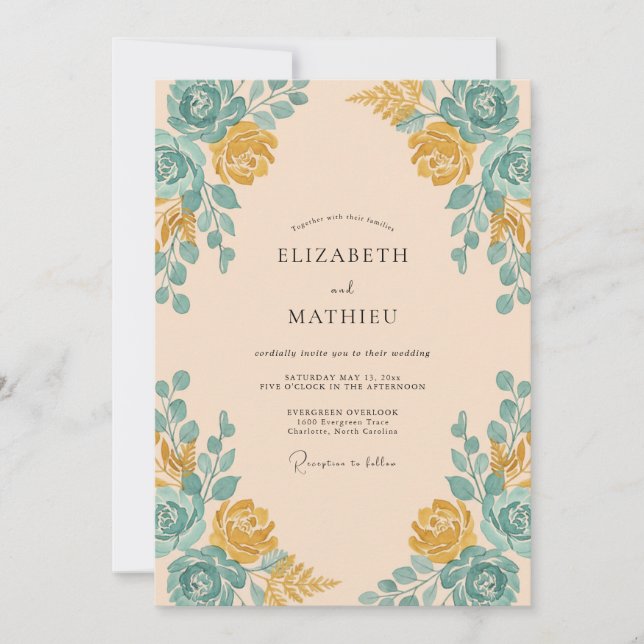 Invitation Mariage à l'arche de rose sarcelle abricot (Devant)