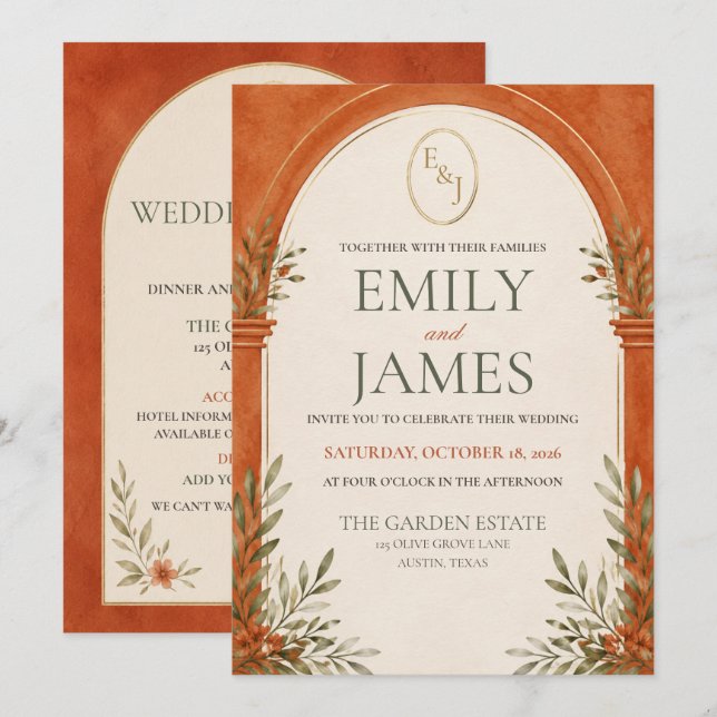 Invitation Mariage à l'arche d'or orange brûlé  (Devant / Derrière)