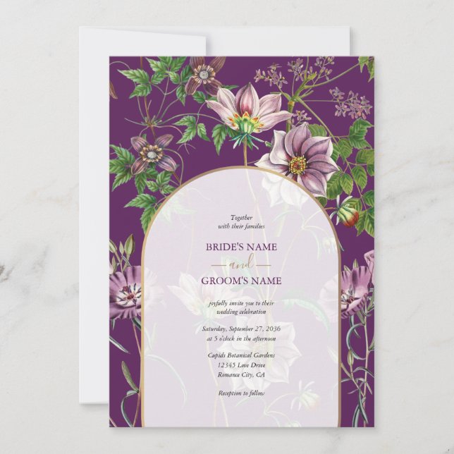Invitation Mariage à l'arche dorée avec verdure florale viole (Devant)