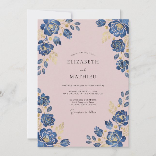 Invitation Mariage à l'arche florale aquarelle bleue (Devant)