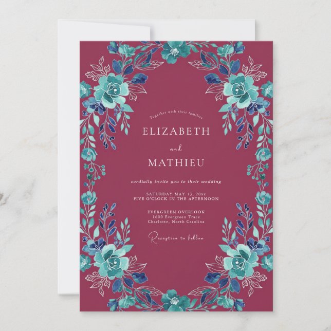 Invitation Mariage à l'arche florale aquarelle de Bourgogne (Devant)