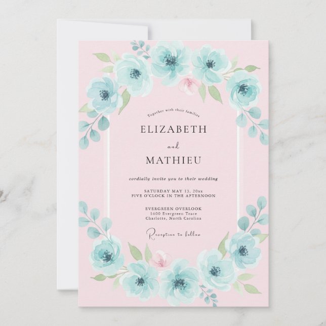Invitation Mariage à l'arche florale aquatique (Devant)