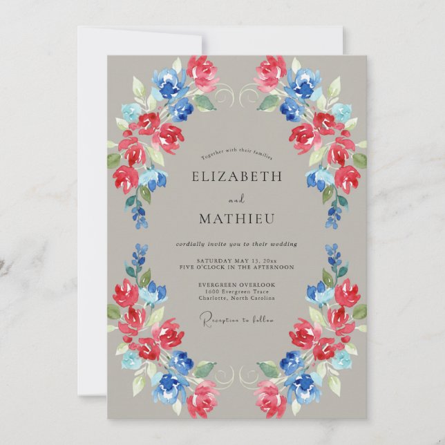 Invitation Mariage à l'arche florale ardoise bleue corail (Devant)