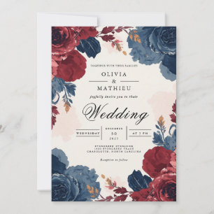 Invitation Mariage à l'arche florale bleu burgundy profond