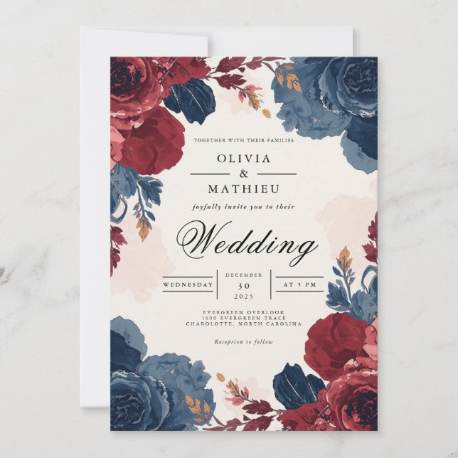Invitation Mariage à l'arche florale bleu burgundy profond (Devant)