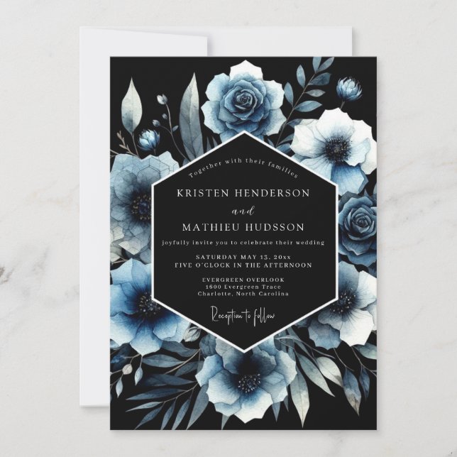 Invitation Mariage à l'arche florale Bleu Maussade (Devant)