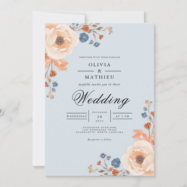 Invitation Mariage à l'arche florale bleu pâle (Devant)