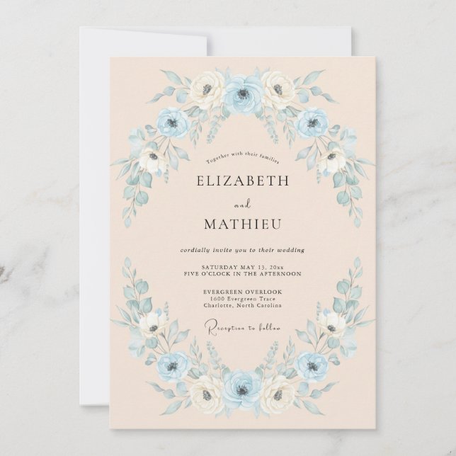 Invitation Mariage à l'arche florale bleu poussiéreux (Devant)
